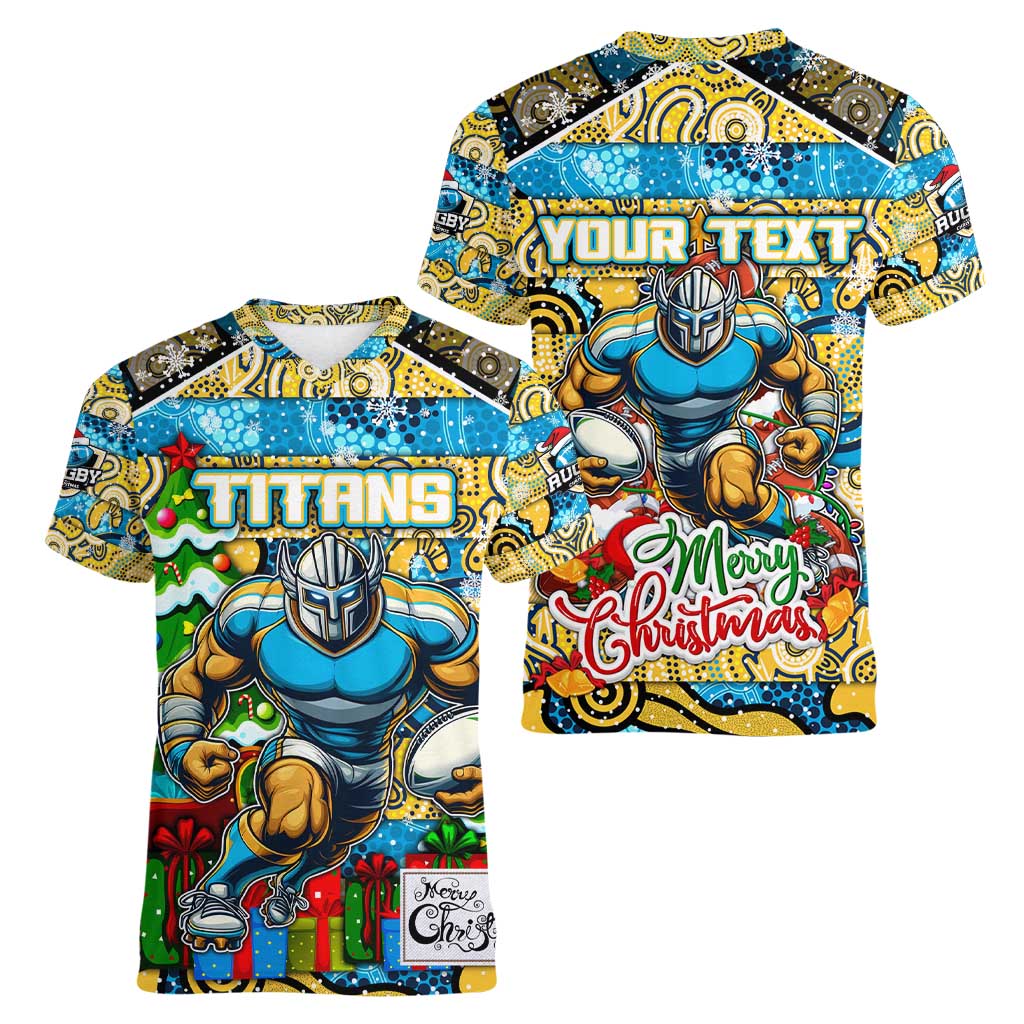 Custom Titans Rugby Merry Christmas Women V-Neck T-Shirt Indigenous Australian Art