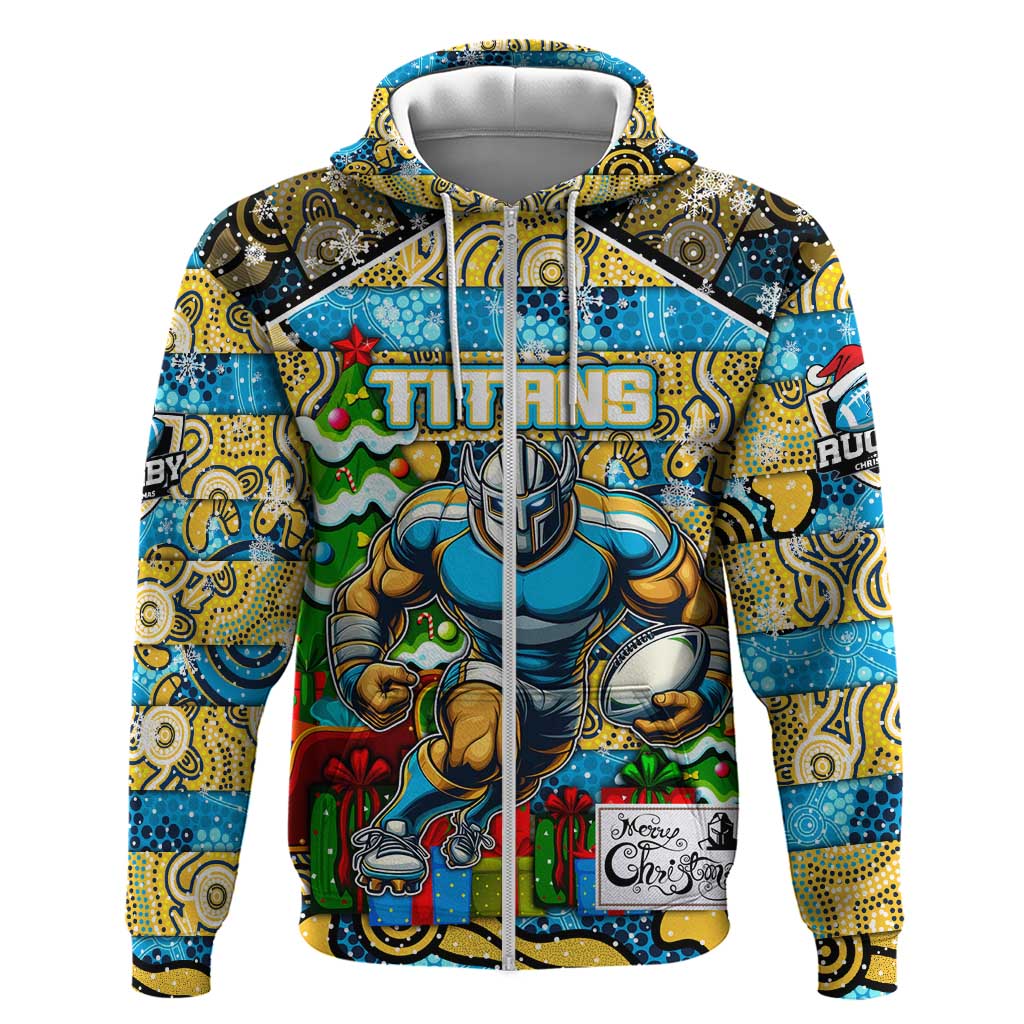 Custom Titans Rugby Merry Christmas Zip Hoodie Indigenous Australian Art