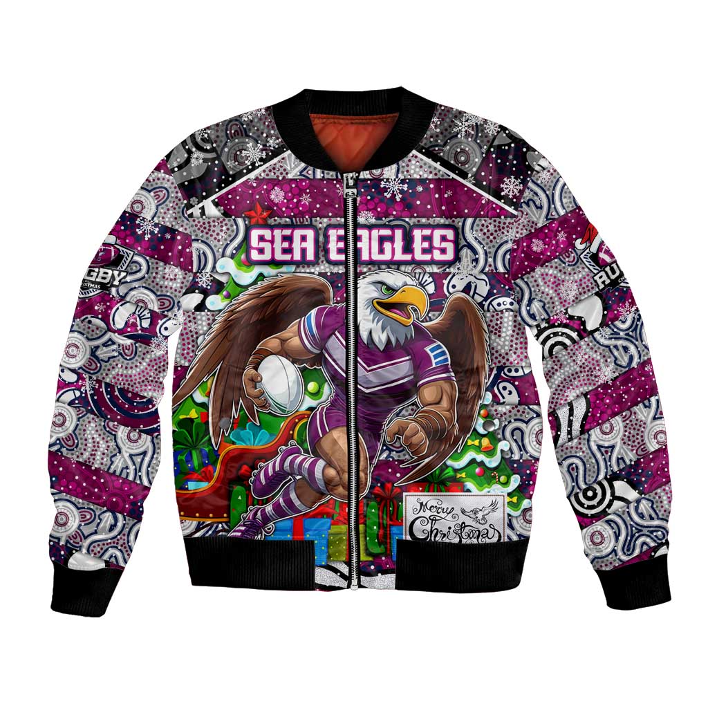 Custom Sea Eagles Rugby Merry Christmas Bomber Jacket Indigenous Australian Art