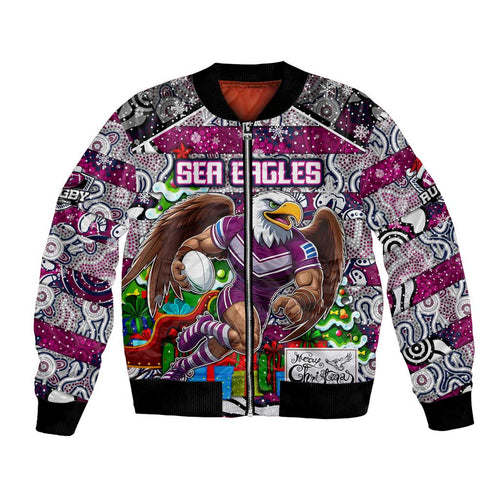 Custom Sea Eagles Rugby Merry Christmas Bomber Jacket Indigenous Australian Art