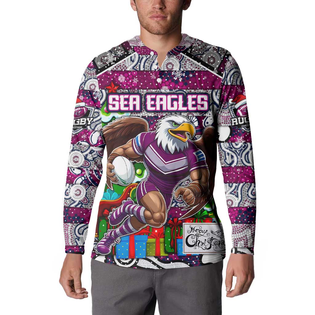Custom Sea Eagles Rugby Merry Christmas Button Sweatshirt Indigenous Australian Art