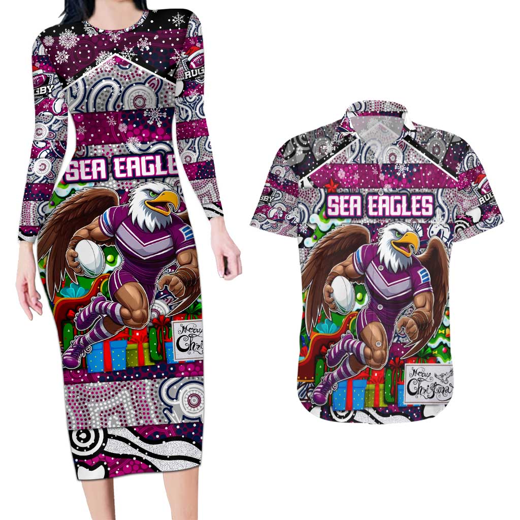 Custom Sea Eagles Rugby Merry Christmas Couples Matching Long Sleeve Bodycon Dress and Hawaiian Shirt Indigenous Australian Art