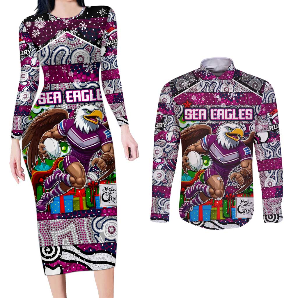 Custom Sea Eagles Rugby Merry Christmas Couples Matching Long Sleeve Bodycon Dress and Long Sleeve Button Shirt Indigenous Australian Art