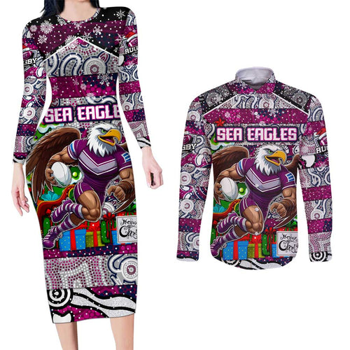 Custom Sea Eagles Rugby Merry Christmas Couples Matching Long Sleeve Bodycon Dress and Long Sleeve Button Shirt Indigenous Australian Art