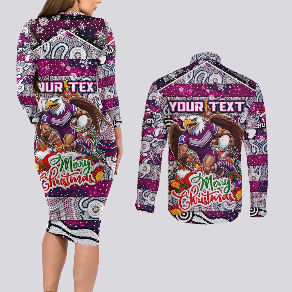 Custom Sea Eagles Rugby Merry Christmas Couples Matching Long Sleeve Bodycon Dress and Long Sleeve Button Shirt Indigenous Australian Art
