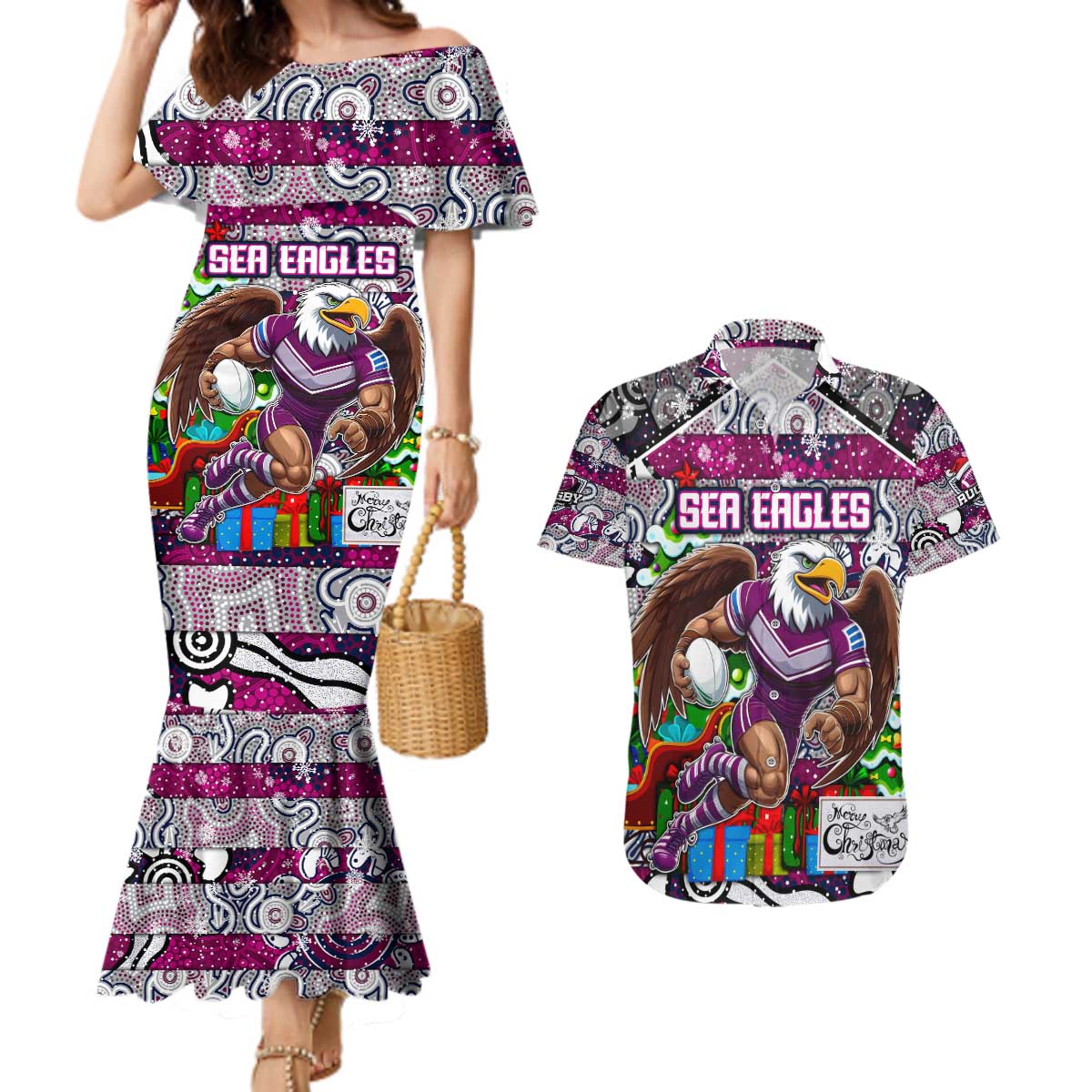 Custom Sea Eagles Rugby Merry Christmas Couples Matching Mermaid Dress and Hawaiian Shirt Indigenous Australian Art