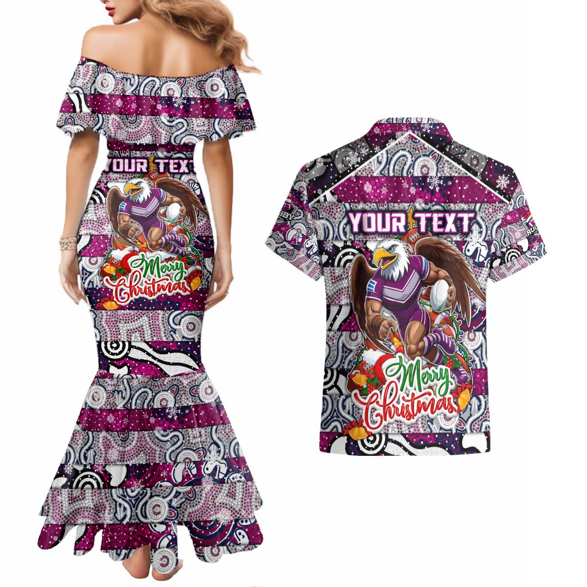 Custom Sea Eagles Rugby Merry Christmas Couples Matching Mermaid Dress and Hawaiian Shirt Indigenous Australian Art