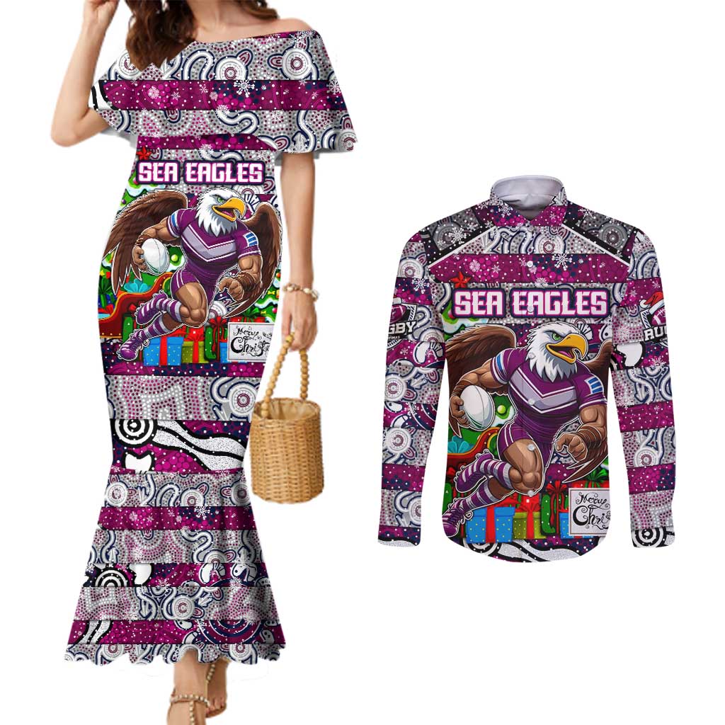 Custom Sea Eagles Rugby Merry Christmas Couples Matching Mermaid Dress and Long Sleeve Button Shirt Indigenous Australian Art