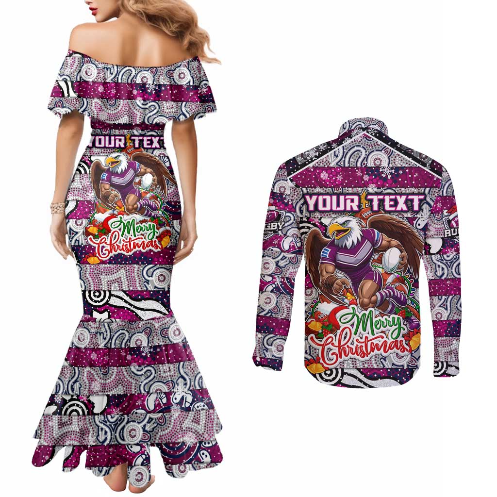 Custom Sea Eagles Rugby Merry Christmas Couples Matching Mermaid Dress and Long Sleeve Button Shirt Indigenous Australian Art