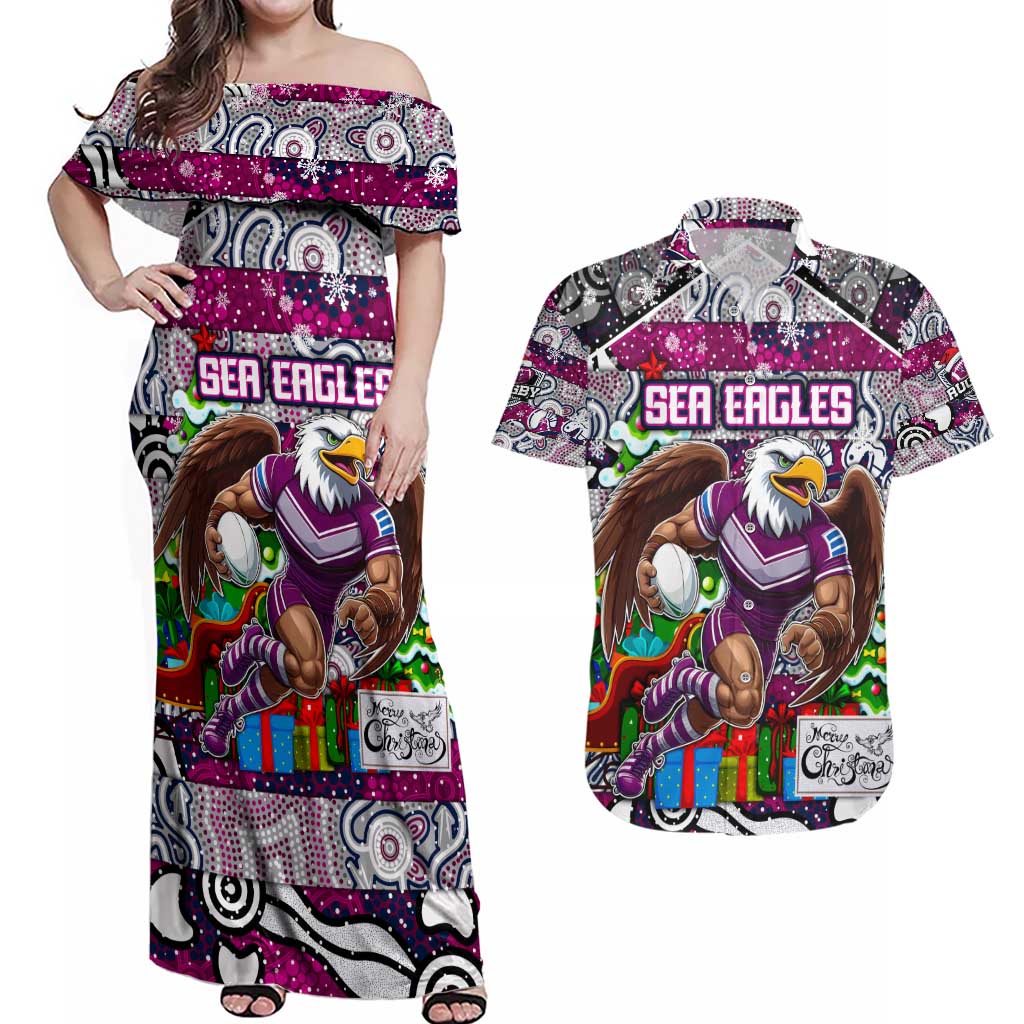 Custom Sea Eagles Rugby Merry Christmas Couples Matching Off Shoulder Maxi Dress and Hawaiian Shirt Indigenous Australian Art