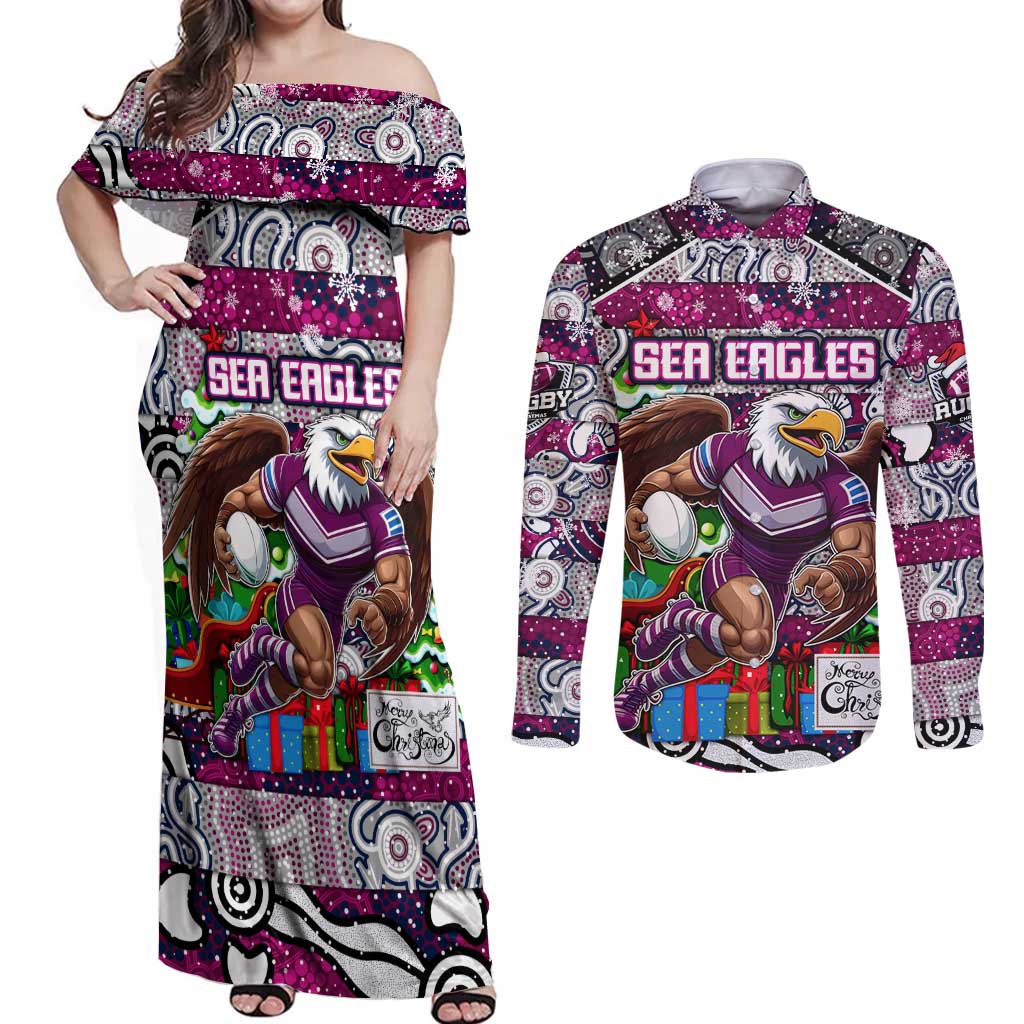 Custom Sea Eagles Rugby Merry Christmas Couples Matching Off Shoulder Maxi Dress and Long Sleeve Button Shirt Indigenous Australian Art