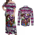 Custom Sea Eagles Rugby Merry Christmas Couples Matching Off Shoulder Maxi Dress and Long Sleeve Button Shirt Indigenous Australian Art