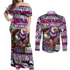 Custom Sea Eagles Rugby Merry Christmas Couples Matching Off Shoulder Maxi Dress and Long Sleeve Button Shirt Indigenous Australian Art