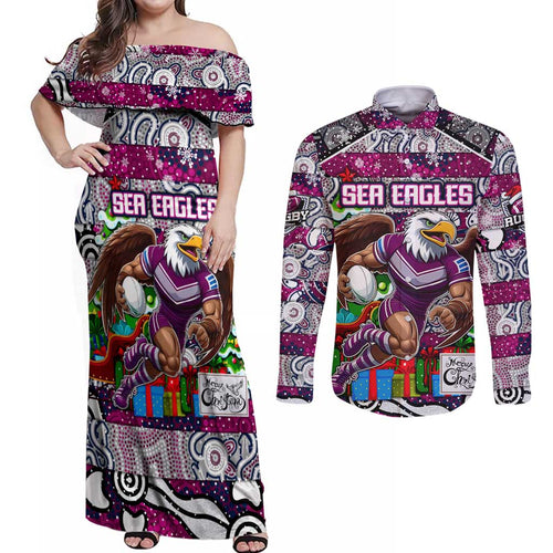 Custom Sea Eagles Rugby Merry Christmas Couples Matching Off Shoulder Maxi Dress and Long Sleeve Button Shirt Indigenous Australian Art
