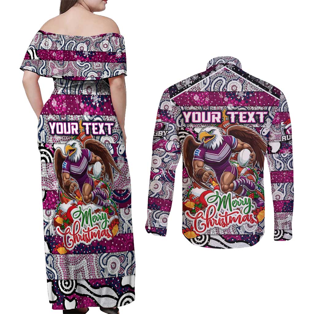 Custom Sea Eagles Rugby Merry Christmas Couples Matching Off Shoulder Maxi Dress and Long Sleeve Button Shirt Indigenous Australian Art
