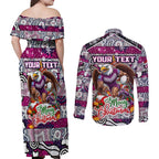 Custom Sea Eagles Rugby Merry Christmas Couples Matching Off Shoulder Maxi Dress and Long Sleeve Button Shirt Indigenous Australian Art