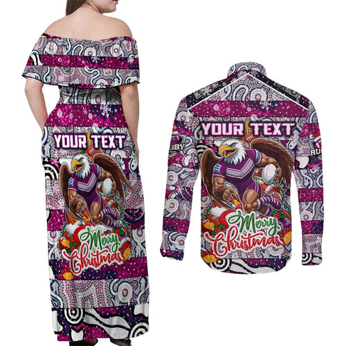 Custom Sea Eagles Rugby Merry Christmas Couples Matching Off Shoulder Maxi Dress and Long Sleeve Button Shirt Indigenous Australian Art