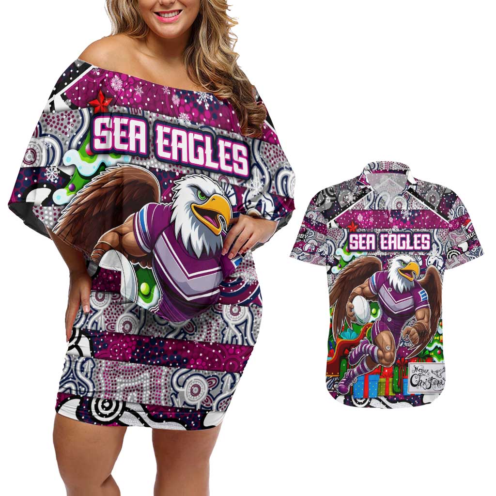 Custom Sea Eagles Rugby Merry Christmas Couples Matching Off Shoulder Short Dress and Hawaiian Shirt Indigenous Australian Art