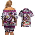 Custom Sea Eagles Rugby Merry Christmas Couples Matching Off Shoulder Short Dress and Hawaiian Shirt Indigenous Australian Art