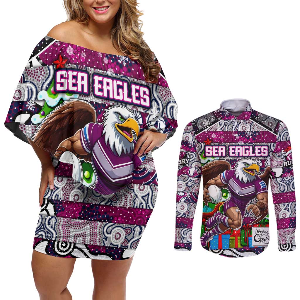 Custom Sea Eagles Rugby Merry Christmas Couples Matching Off Shoulder Short Dress and Long Sleeve Button Shirt Indigenous Australian Art