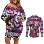 Custom Sea Eagles Rugby Merry Christmas Couples Matching Off Shoulder Short Dress and Long Sleeve Button Shirt Indigenous Australian Art