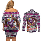 Custom Sea Eagles Rugby Merry Christmas Couples Matching Off Shoulder Short Dress and Long Sleeve Button Shirt Indigenous Australian Art