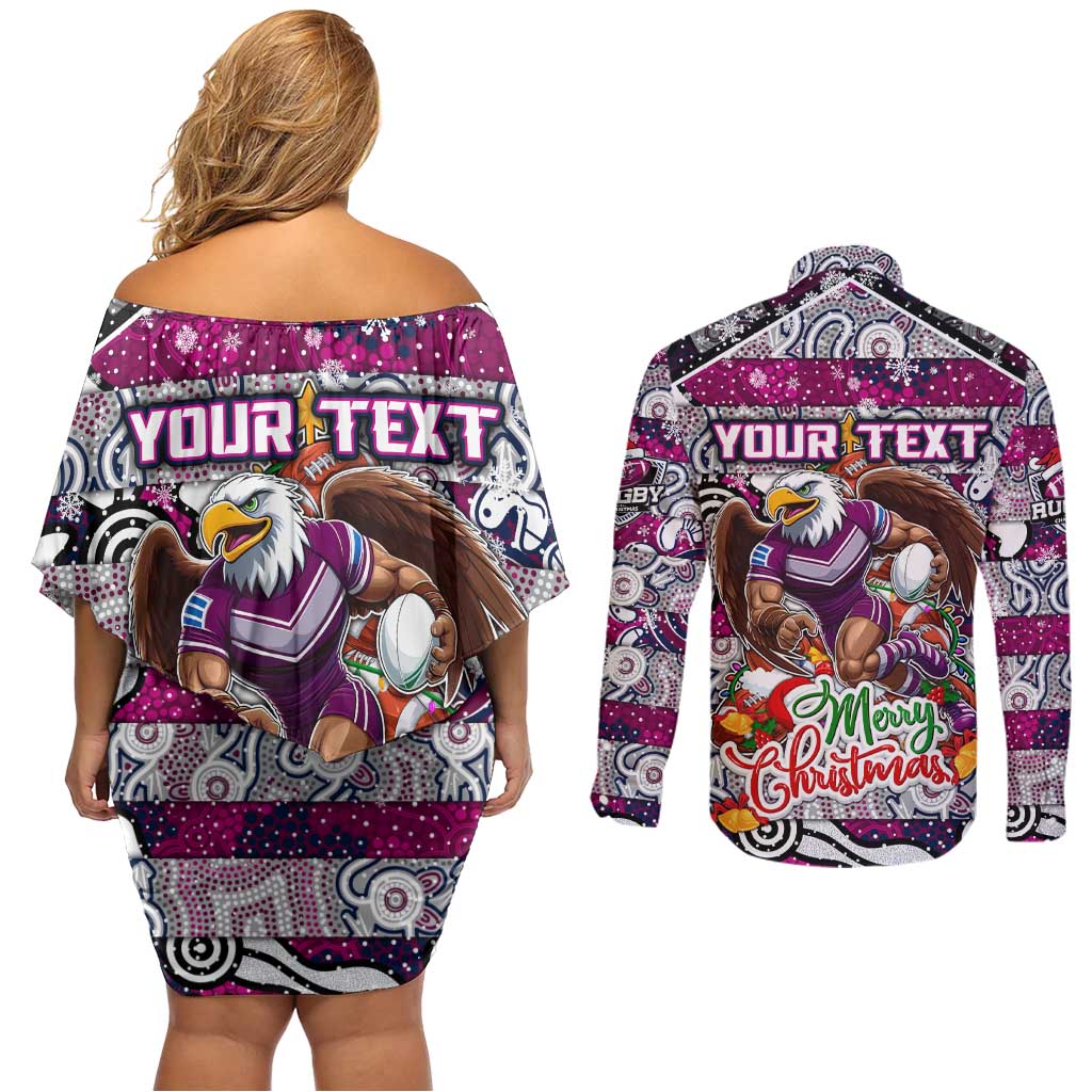 Custom Sea Eagles Rugby Merry Christmas Couples Matching Off Shoulder Short Dress and Long Sleeve Button Shirt Indigenous Australian Art