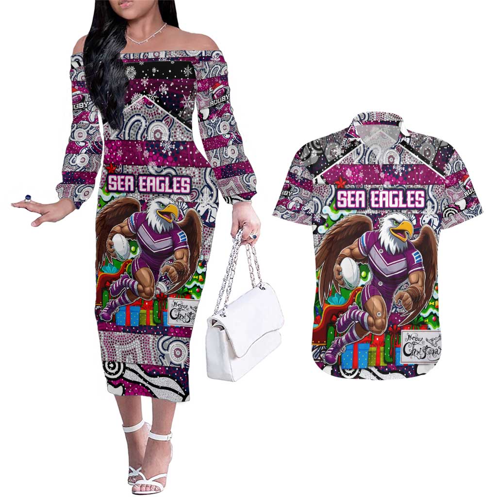 Custom Sea Eagles Rugby Merry Christmas Couples Matching Off The Shoulder Long Sleeve Dress and Hawaiian Shirt Indigenous Australian Art