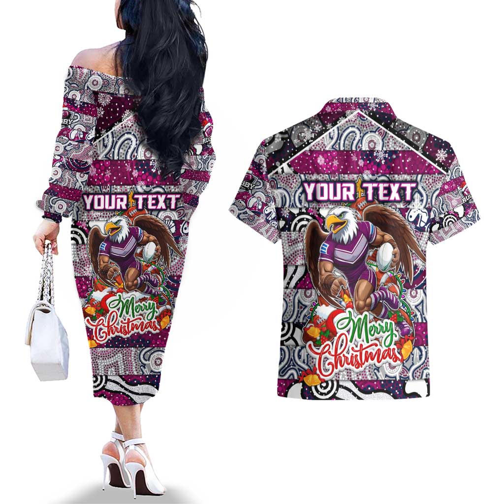 Custom Sea Eagles Rugby Merry Christmas Couples Matching Off The Shoulder Long Sleeve Dress and Hawaiian Shirt Indigenous Australian Art