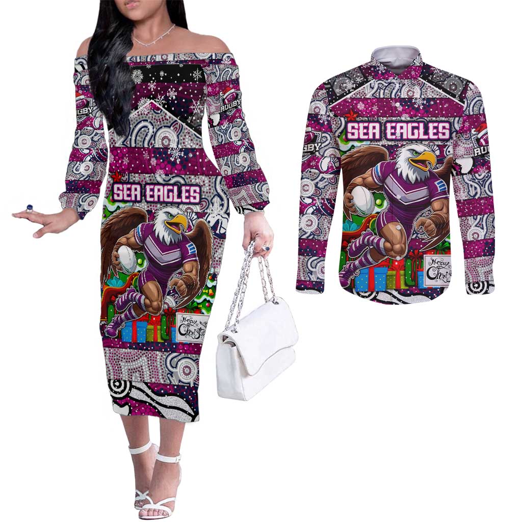 Custom Sea Eagles Rugby Merry Christmas Couples Matching Off The Shoulder Long Sleeve Dress and Long Sleeve Button Shirt Indigenous Australian Art