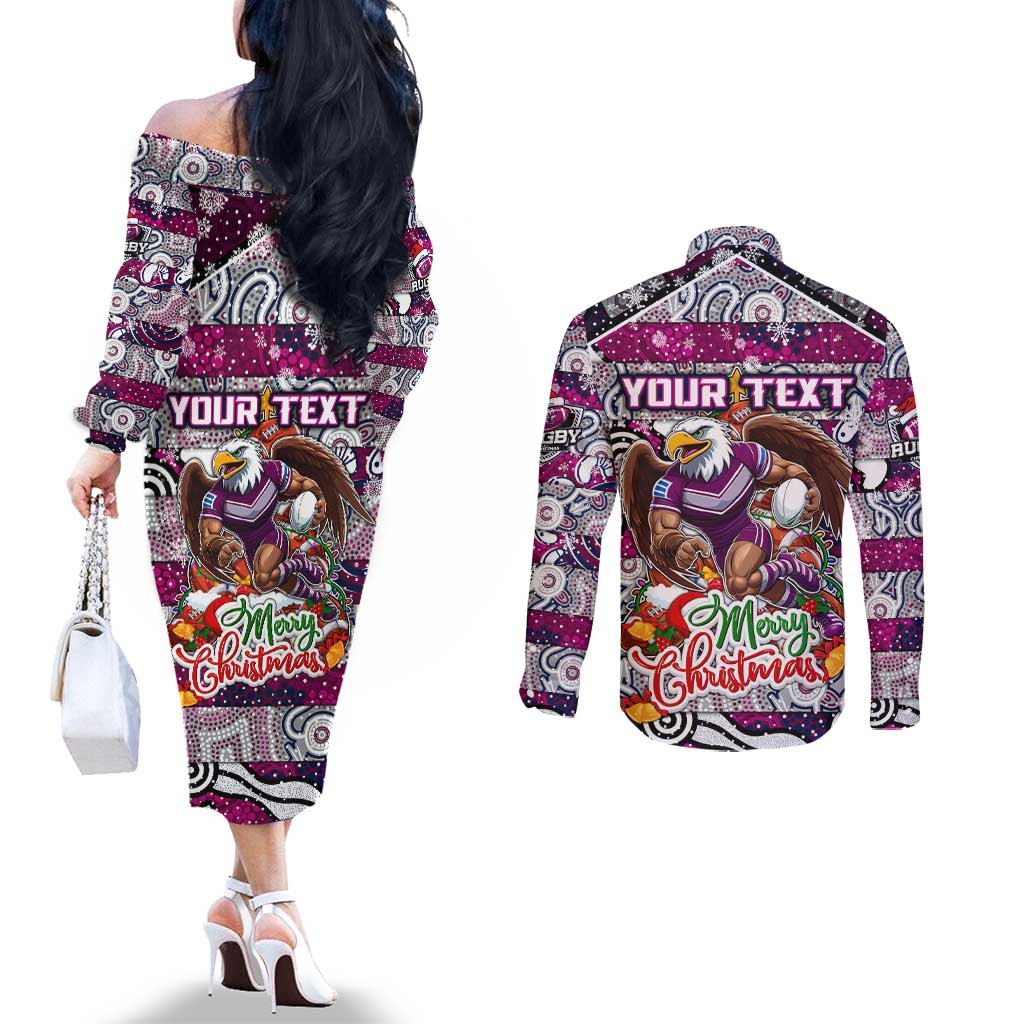 Custom Sea Eagles Rugby Merry Christmas Couples Matching Off The Shoulder Long Sleeve Dress and Long Sleeve Button Shirt Indigenous Australian Art