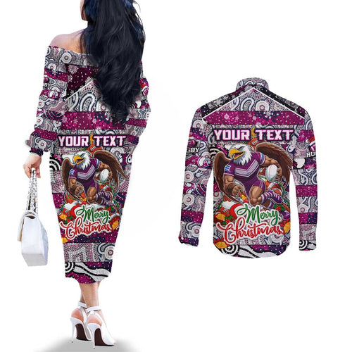 Custom Sea Eagles Rugby Merry Christmas Couples Matching Off The Shoulder Long Sleeve Dress and Long Sleeve Button Shirt Indigenous Australian Art