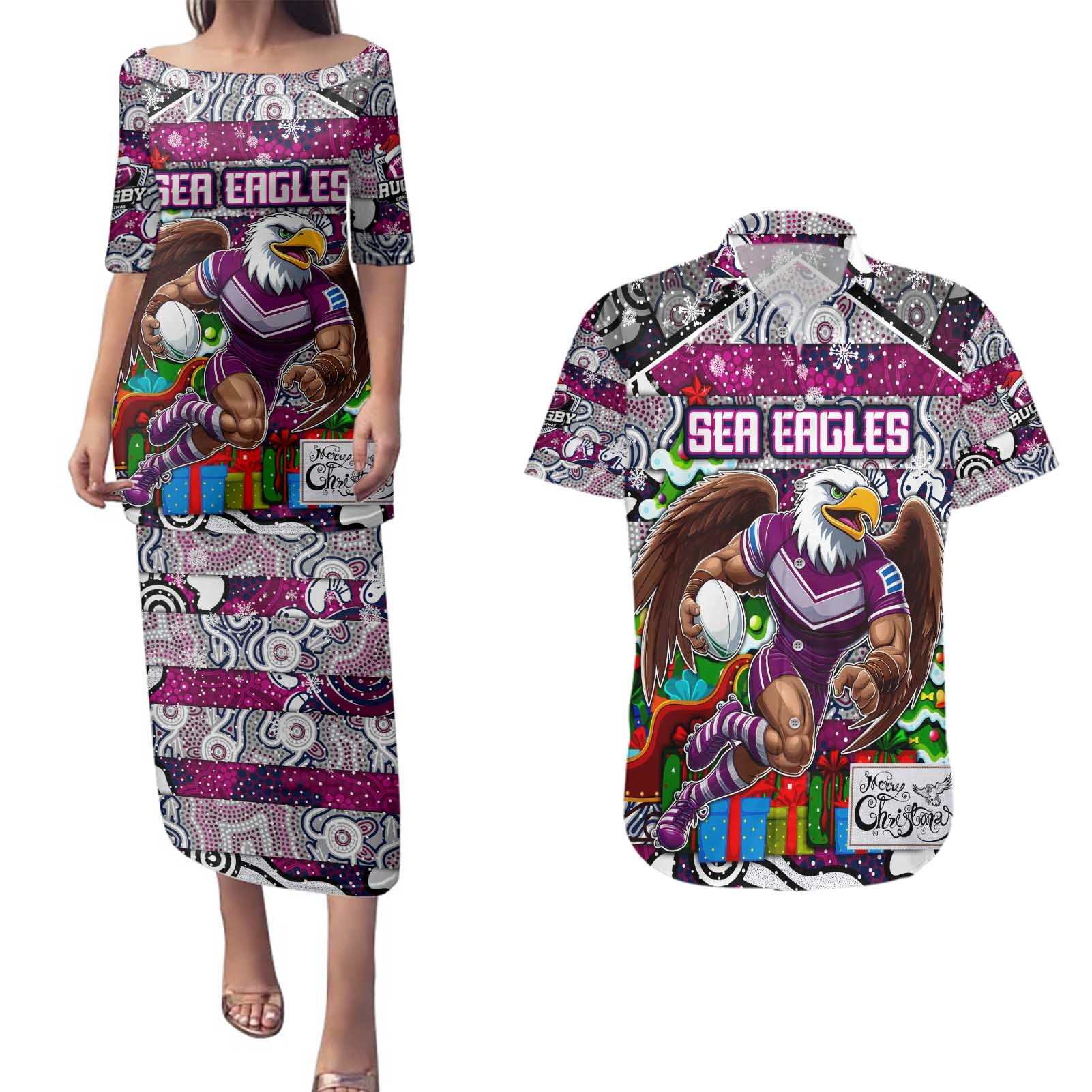 Custom Sea Eagles Rugby Merry Christmas Couples Matching Puletasi and Hawaiian Shirt Indigenous Australian Art