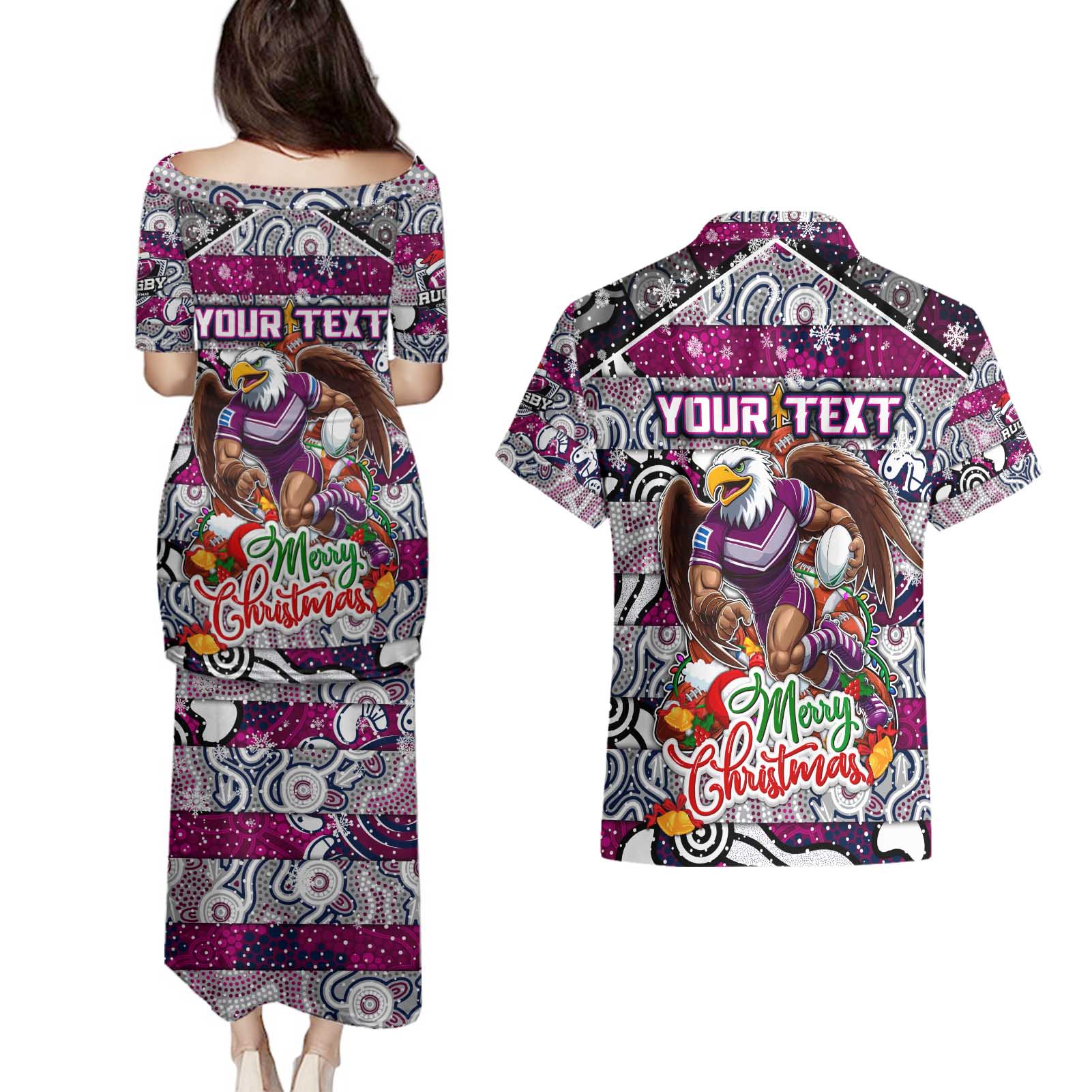 Custom Sea Eagles Rugby Merry Christmas Couples Matching Puletasi and Hawaiian Shirt Indigenous Australian Art