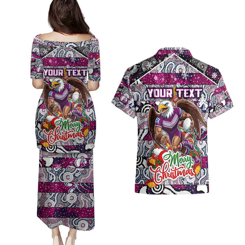Custom Sea Eagles Rugby Merry Christmas Couples Matching Puletasi and Hawaiian Shirt Indigenous Australian Art