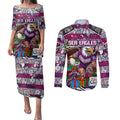 Custom Sea Eagles Rugby Merry Christmas Couples Matching Puletasi and Long Sleeve Button Shirt Indigenous Australian Art