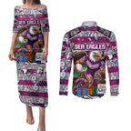 Custom Sea Eagles Rugby Merry Christmas Couples Matching Puletasi and Long Sleeve Button Shirt Indigenous Australian Art