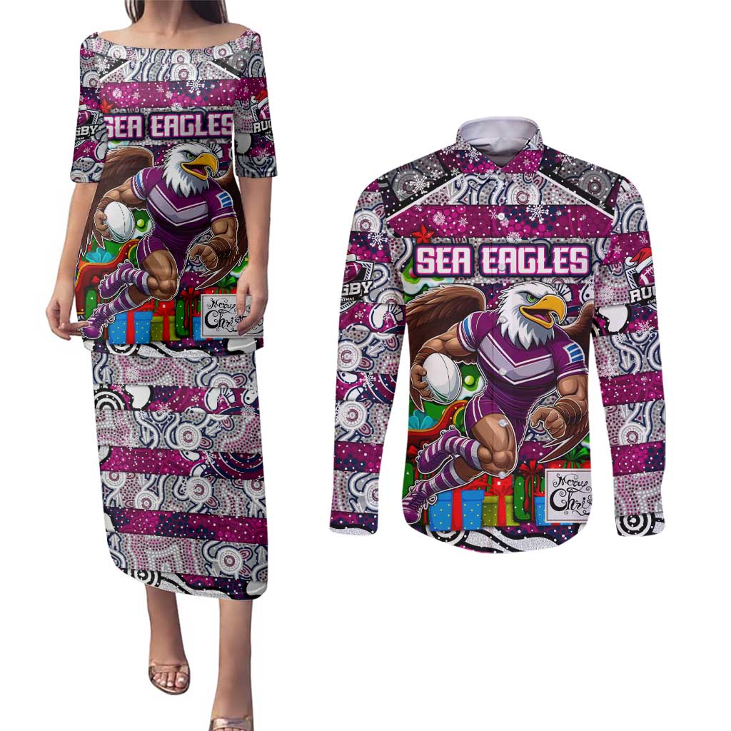 Custom Sea Eagles Rugby Merry Christmas Couples Matching Puletasi and Long Sleeve Button Shirt Indigenous Australian Art
