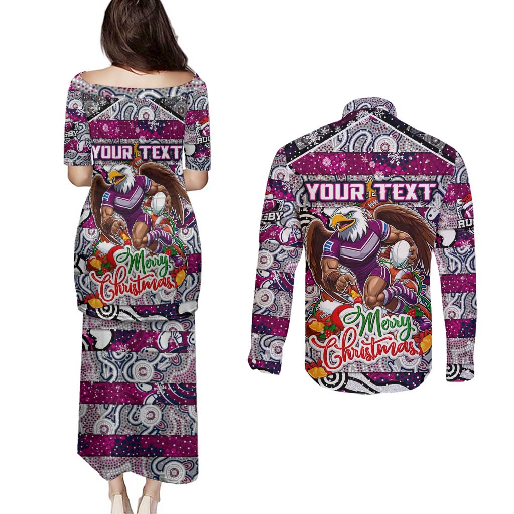 Custom Sea Eagles Rugby Merry Christmas Couples Matching Puletasi and Long Sleeve Button Shirt Indigenous Australian Art