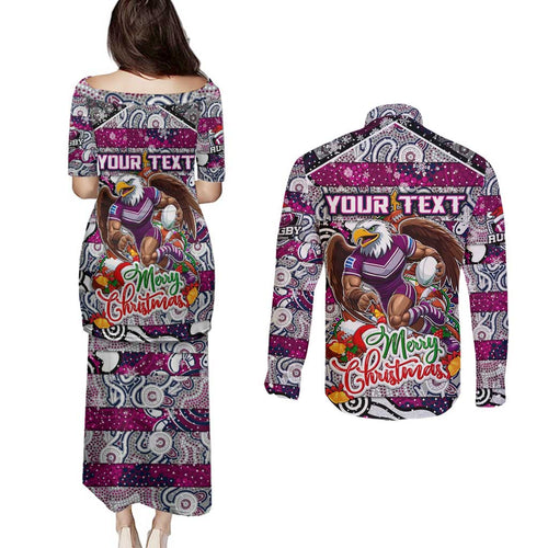 Custom Sea Eagles Rugby Merry Christmas Couples Matching Puletasi and Long Sleeve Button Shirt Indigenous Australian Art