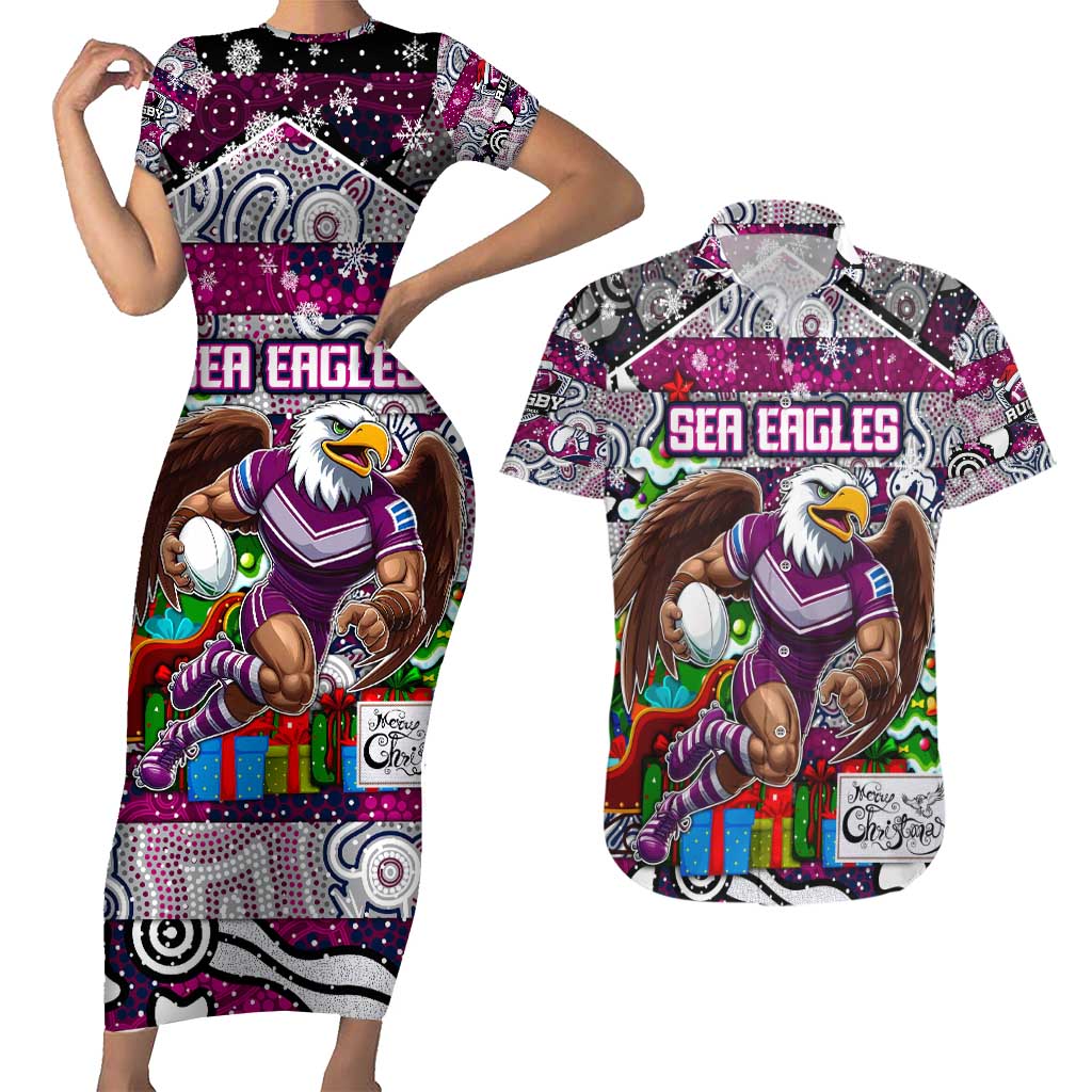 Custom Sea Eagles Rugby Merry Christmas Couples Matching Short Sleeve Bodycon Dress and Hawaiian Shirt Indigenous Australian Art