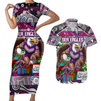 Custom Sea Eagles Rugby Merry Christmas Couples Matching Short Sleeve Bodycon Dress and Hawaiian Shirt Indigenous Australian Art