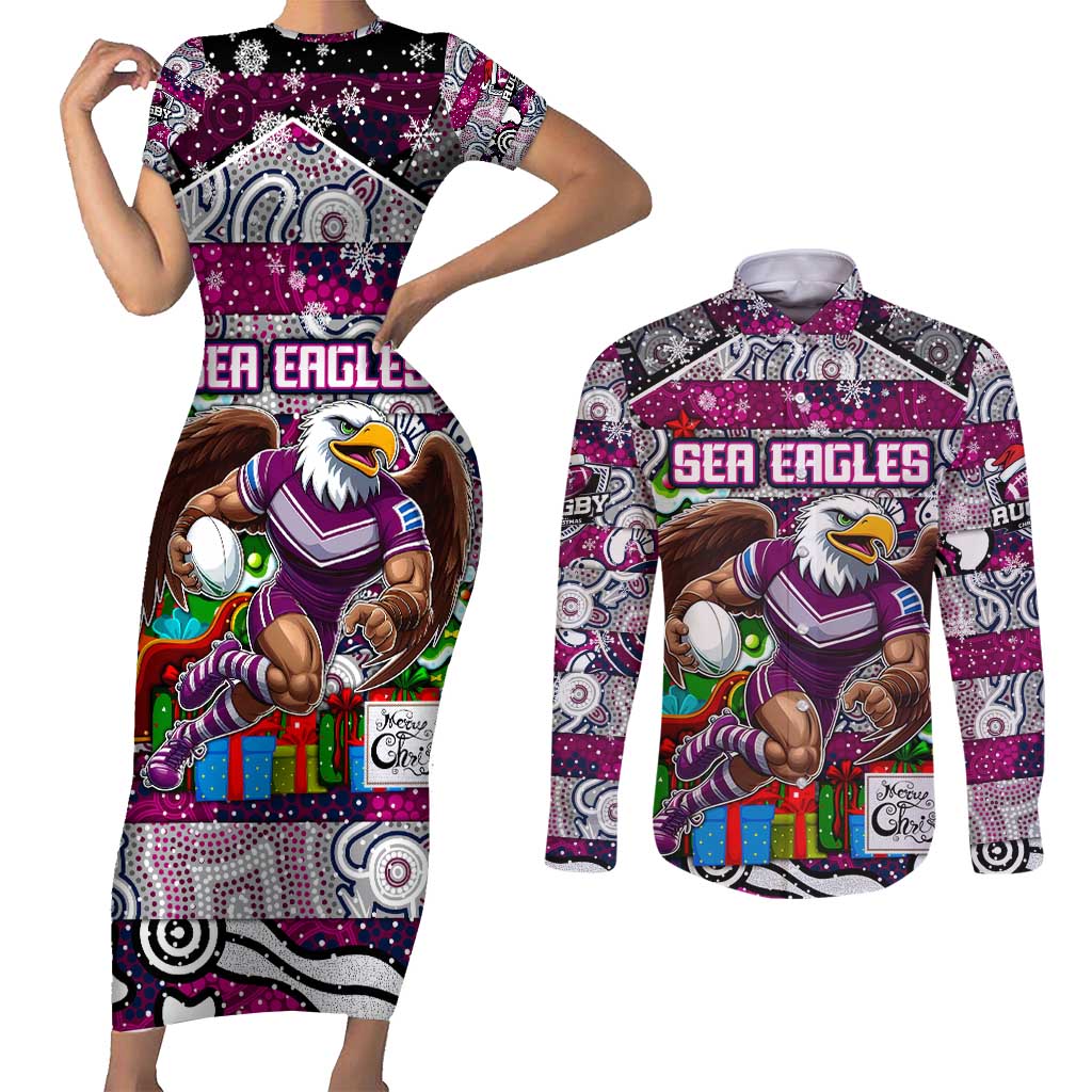 Custom Sea Eagles Rugby Merry Christmas Couples Matching Short Sleeve Bodycon Dress and Long Sleeve Button Shirt Indigenous Australian Art