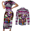 Custom Sea Eagles Rugby Merry Christmas Couples Matching Short Sleeve Bodycon Dress and Long Sleeve Button Shirt Indigenous Australian Art