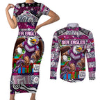 Custom Sea Eagles Rugby Merry Christmas Couples Matching Short Sleeve Bodycon Dress and Long Sleeve Button Shirt Indigenous Australian Art