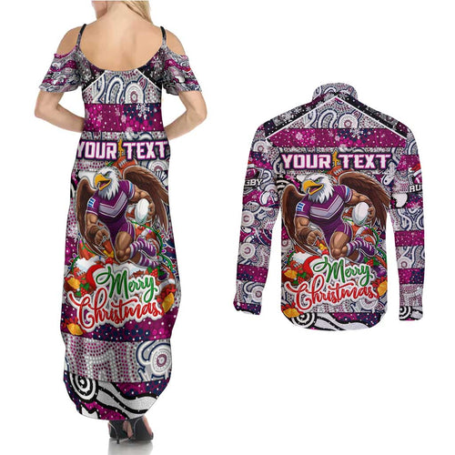 Custom Sea Eagles Rugby Merry Christmas Couples Matching Summer Maxi Dress and Long Sleeve Button Shirt Indigenous Australian Art