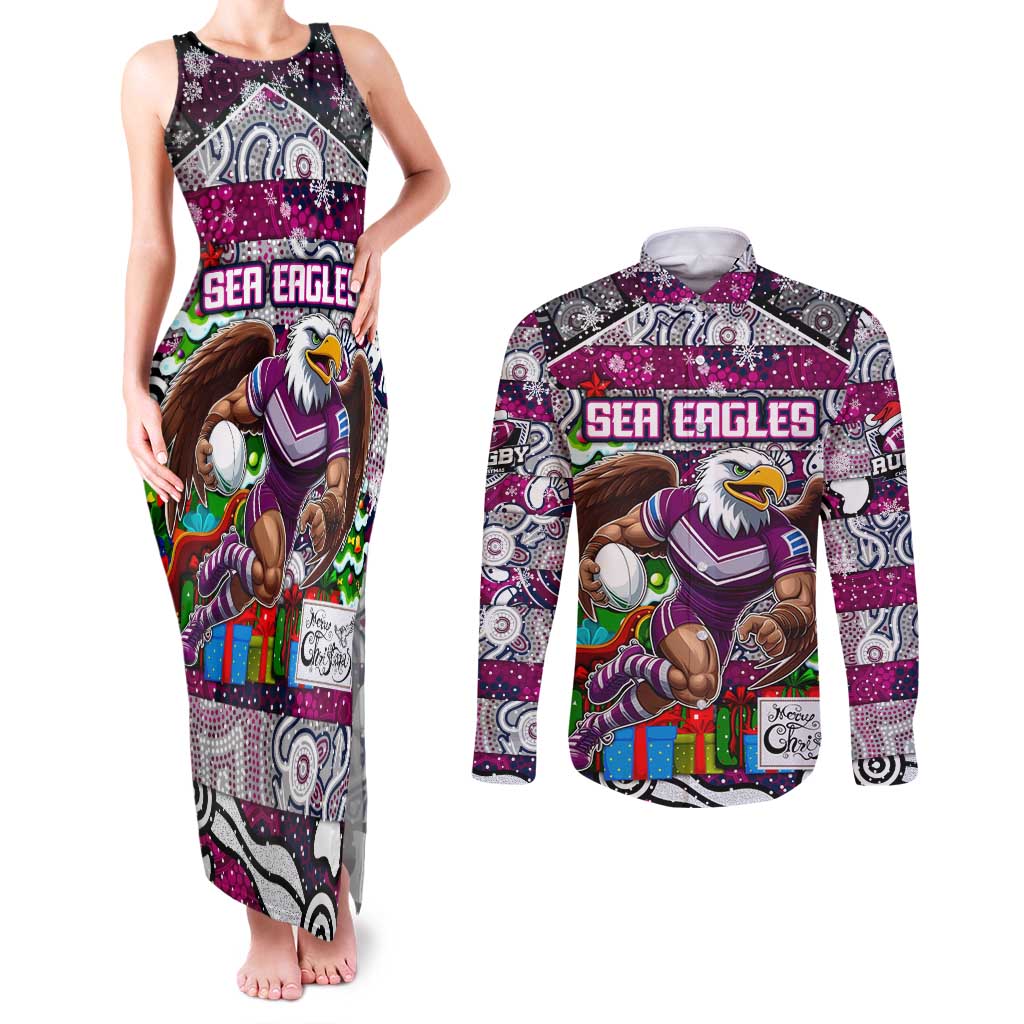 Custom Sea Eagles Rugby Merry Christmas Couples Matching Tank Maxi Dress and Long Sleeve Button Shirt Indigenous Australian Art