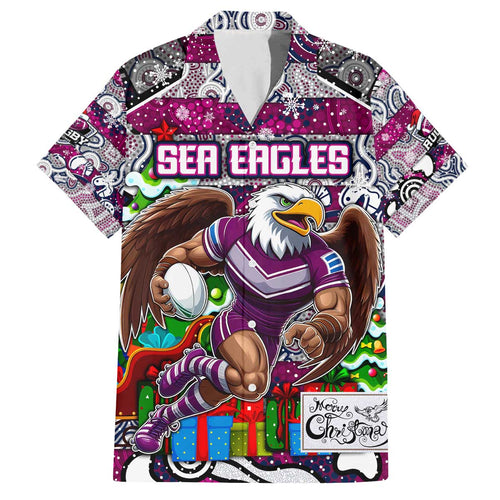 Custom Sea Eagles Rugby Merry Christmas Family Matching Off The Shoulder Long Sleeve Dress and Hawaiian Shirt Indigenous Australian Art
