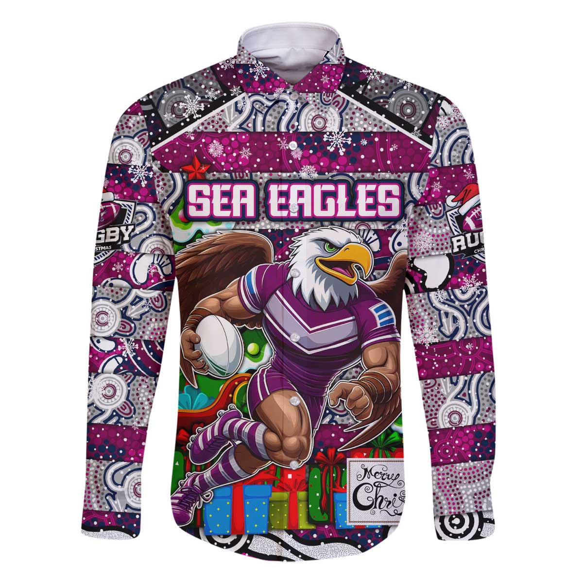Custom Sea Eagles Rugby Merry Christmas Family Matching Off The Shoulder Long Sleeve Dress and Hawaiian Shirt Indigenous Australian Art