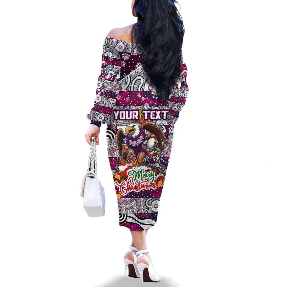 Custom Sea Eagles Rugby Merry Christmas Family Matching Off The Shoulder Long Sleeve Dress and Hawaiian Shirt Indigenous Australian Art
